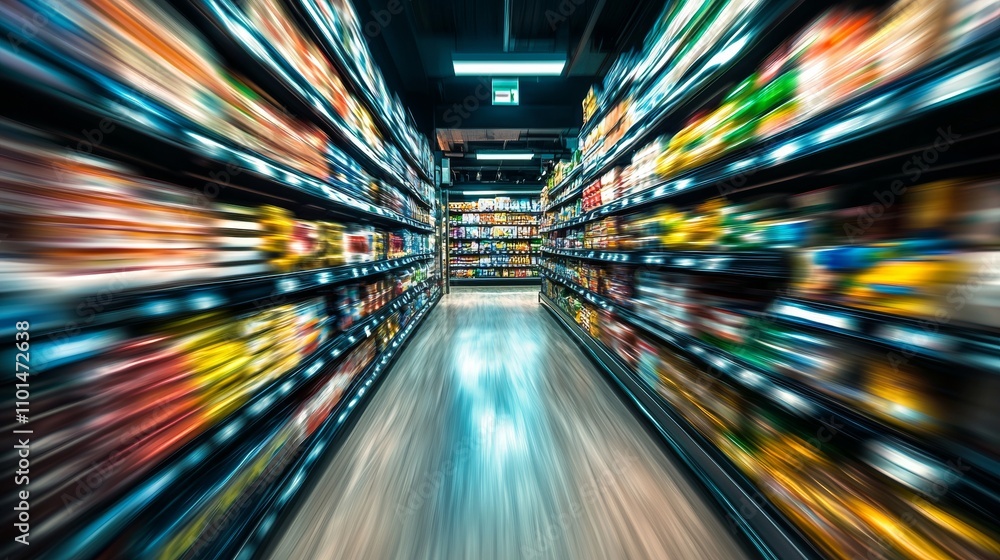 Poster dynamic supermarket aisle with motion blur effect emphasizing speed