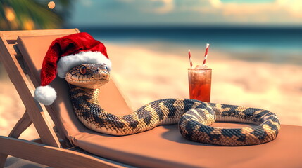 Festive snake in Santa hat on a sun lounger on a sunny tropical beach with a refreshing cocktail. Year of the Snake, 2025. New Year in the tropics.