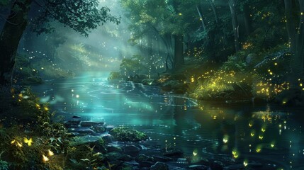 A hidden stream nestled deep within the enchanted forest its emerald waters reflecting the iridescent glow of fireflies dancing around it.