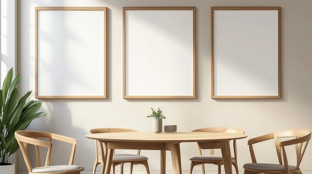 Bright and modern dining space featuring empty frames on the wall and a round wooden table with chairs