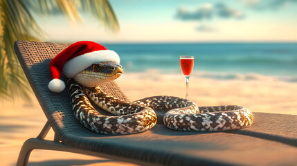 Festive snake in Santa hat on a sun lounger on a sunny tropical beach with a refreshing cocktail. Year of the Snake, 2025. New Year in the tropics.