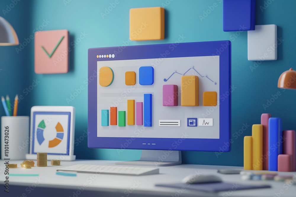 Poster modern digital workspace with computer screen displaying colourful business data visualizations. cha