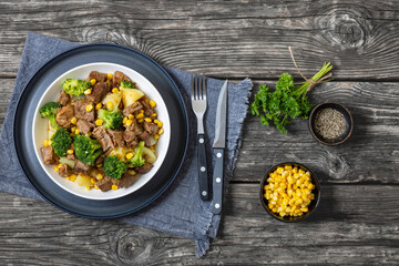 Beef Steak broccoli potato corn stew in bowl