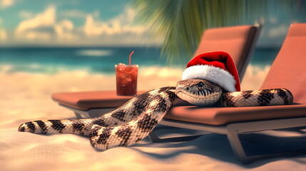 Festive snake in Santa hat on a sun lounger on a sunny tropical beach with a refreshing cocktail. Year of the Snake, 2025. New Year in the tropics.