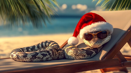 Festive snake in Santa hat and glasses on a sun lounger on a sunny tropical beach. Year of the Snake, 2025. New Year in the tropics.