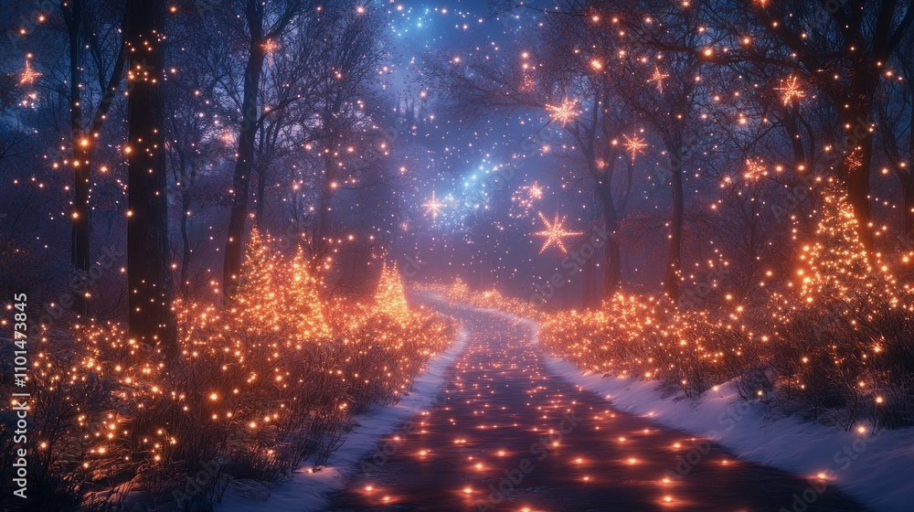 Poster a magical winter scene with glowing lights illuminating a snowy path through a forest.