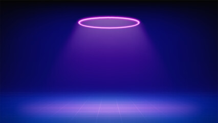 Futuristic blue stage. Room illuminated by circular purple pink neon, led halo spotlight, grid floor. Background for displaying products, presentation, advertising. Backdrop. Showcase. Vector