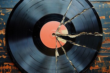 Broken vinyl record tied with rope on wooden background