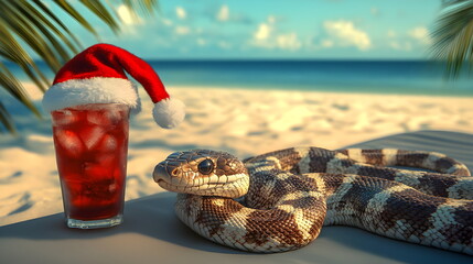 Festive snake on a lounge chair on a sunny tropical beach with a refreshing drink in a Santa hat. Year of the Snake, 2025. New Year in the tropics.