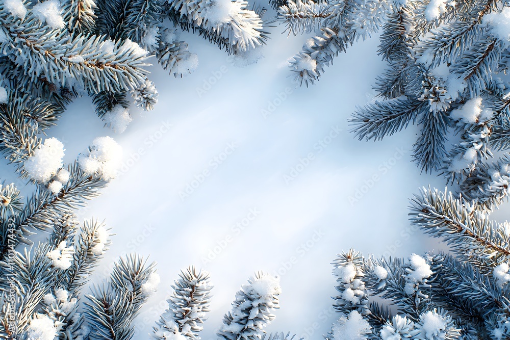 Poster pine tree branches covered in snow create a border around a white background. generative ai.