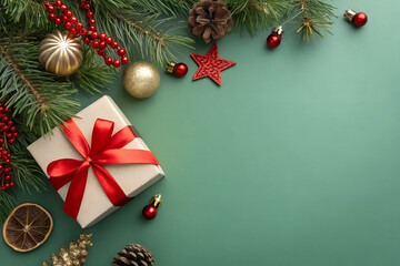 Holiday Magic, A Festive Gift Box Surrounded by Sparkling Christmas Ornaments, This title captures the essence of the holiday season with a touch of sparkle and celebration. 