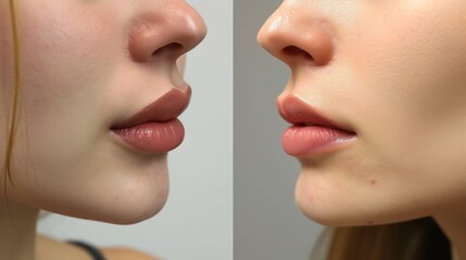 Obraz premium A close-up comparison of two sets of lips, one natural and the other enhanced. The image contrasts the soft texture and subtle differences in shape and fullness, highlighting beauty and cosmetic