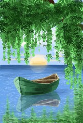 Boat on the lake, illustration landscape