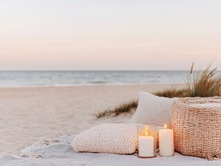 Serene Beach Sunset Cozy Picnic Scene with Candles
