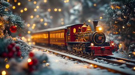 A festive miniature train chugs through a winter wonderland scene. Generative AI.