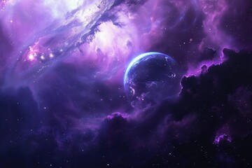 Obraz premium Earth from Space Surrounded by Purple Nebula and Stars