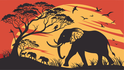 African Savanna Sunset: Elephant Herd