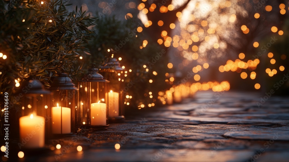 Poster a serene pathway illuminated by lanterns and soft lights, creating a cozy atmosphere.