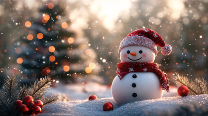 Obraz premium Snowman wearing a red hat stands in a snowy landscape with Christmas tree. Generative AI.