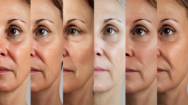 A multi-frame comparison of a mature woman's face showing gradual improvements in skin texture, tone, and wrinkles over time with the use of skincare treatments. The images emphasize the effectiveness