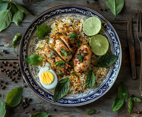 bowl of watering full chicken biryani dish isolated on wooden table background  top view