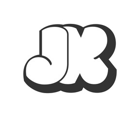 JX logo, bubble comic lettering, rounded in graffiti style black and white silhouette. Trendy preschool J and X letter text for festival party, personal initials, children funky print and web.