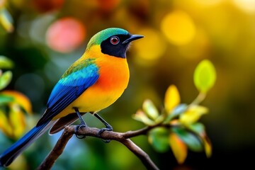 Obraz premium The colorful plumage of a bird stands out against a blurred green backdrop.