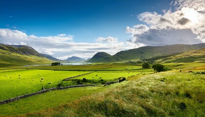 Scenic Scottish Landscape with Green Pastures in Spring and Summer
