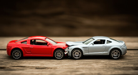 Naklejka premium A traffic accident between two toy cars: a head-on collision of a red car and a silver car.