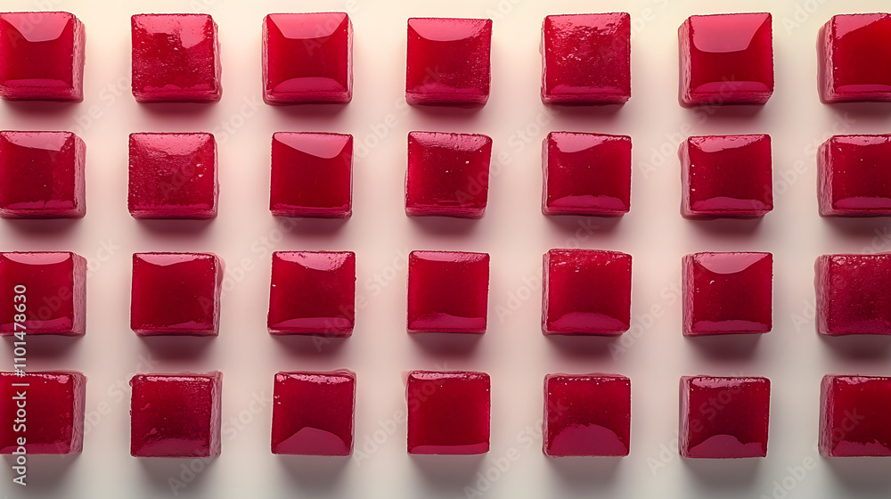 Poster a grid of vibrant red, glossy square candies arranged neatly on a white background. the uniform shap