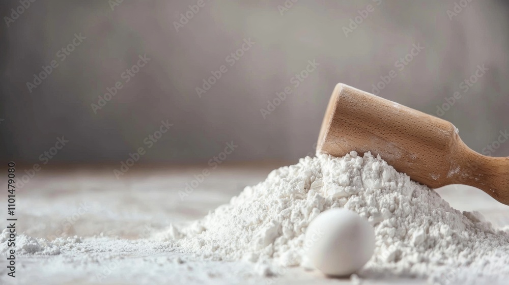 Poster Wooden scoop with flour and an egg on a rustic surface