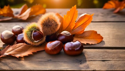Autumn Chestnuts on Rustic Wooden Board