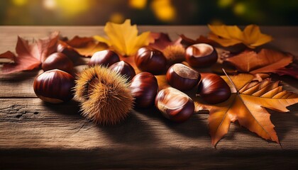 Autumn Chestnuts on Rustic Wooden Board