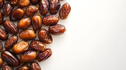 Obraz premium Close-up of a pile of sweet, ripe Medjool dates on a white background. Perfect for healthy eating, Ramadan, or Middle Eastern themes.