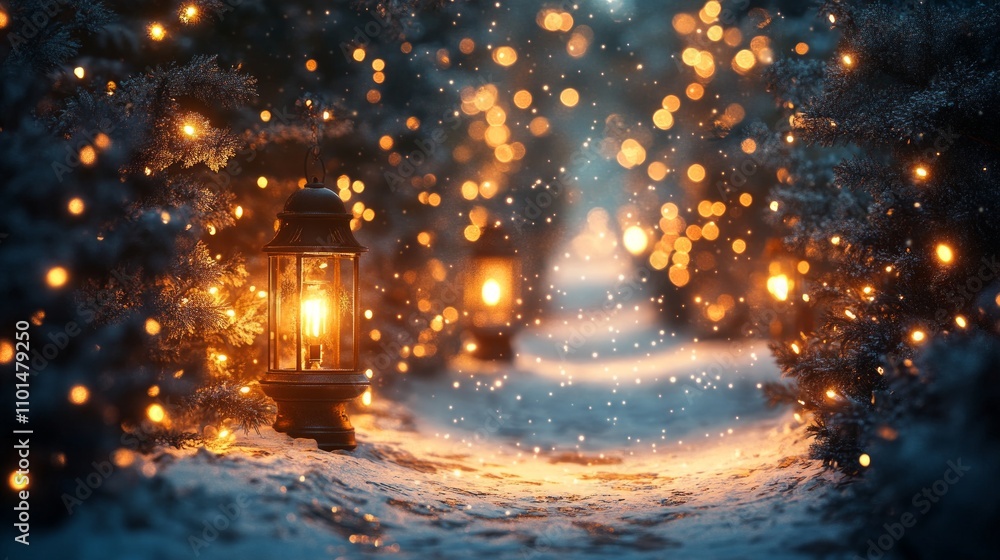 Poster a serene winter path illuminated by lanterns and sparkling lights in a snowy landscape.