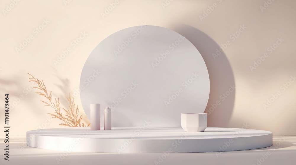 Poster empty white podium with pastel geometric shapes. modern minimalist display for cosmetic products. st