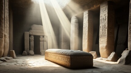 Ancient stone chamber with sarcophagus and hieroglyphs illuminated by sunlight through ceiling opening, featuring carved pillars and dusty floor