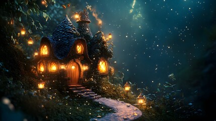 Obraz premium Enchanting Fairy House nestled in a magical forest at night
