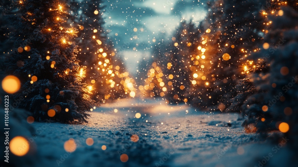 Poster a serene winter scene with illuminated trees and soft snowfall creating a magical atmosphere.