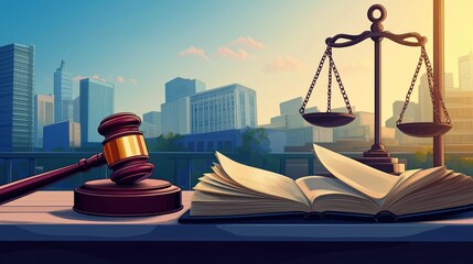 Wooden gavel rests on table with open law book, scales of justice. Cityscape in background. Urban legal concept. Judicial system symbolized. Daylight scene. Legal process. Justice, law. Agreements,