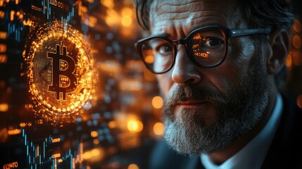 A man with glasses and a beard is focused on a Bitcoin symbol amidst digital data.