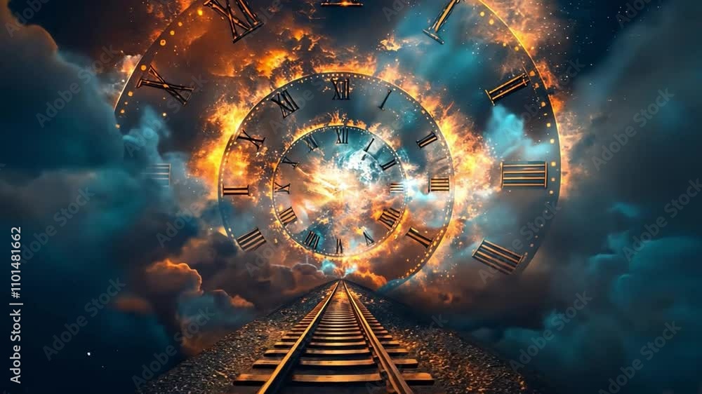 Poster this captivating artwork features a twisting spiral of clocks surrounded by flames and clouds, set a
