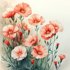 A beautiful watercolor illustration of blooming flowers in shades of coral and pink.