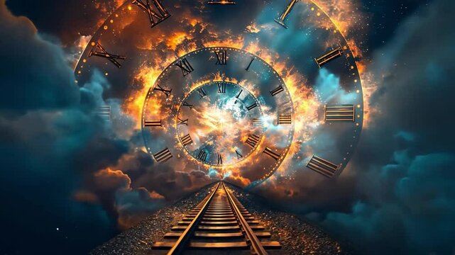 This captivating artwork features a twisting spiral of clocks surrounded by flames and clouds, set above a railway track, evoking a sense of wonder about time and journeys.