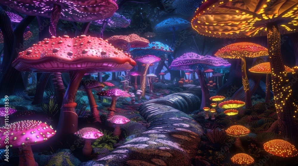Poster an enchanted pathway snaking through a labyrinth of colorful mushrooms their caps glowing with diffe