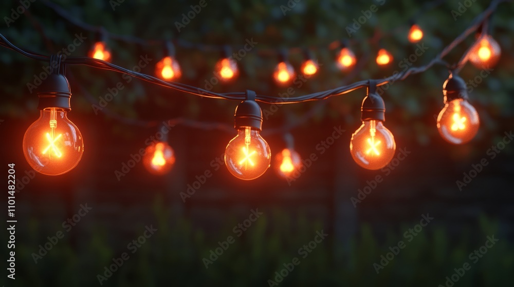 Poster a string of glowing orange light bulbs hanging in a garden setting, creating a warm atmosphere.