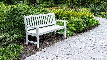 Elegant White Bench Surrounded by Lush Greenery and Pathway