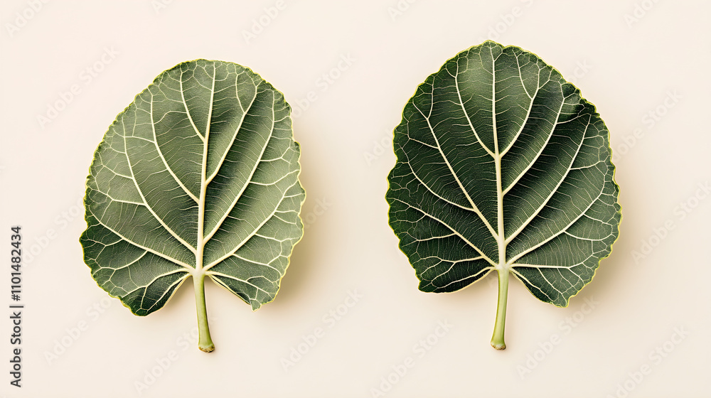 Poster two leaves from a fig tree aligned in parallel on a soft, neutral background