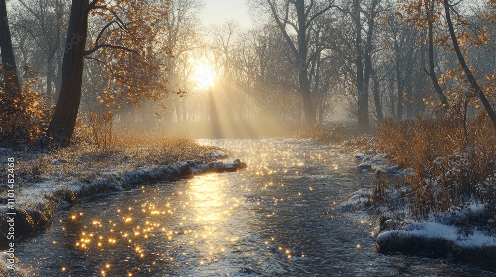 Poster a tranquil winter scene with a shimmering river and sunlight filtering through trees.