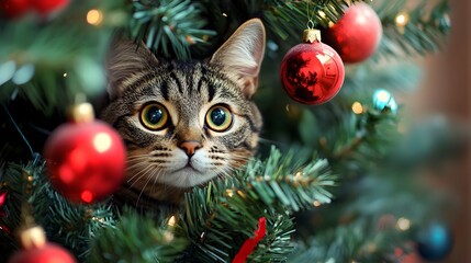 Obraz premium Tabby Cat Hiding Amongst Christmas Ornaments